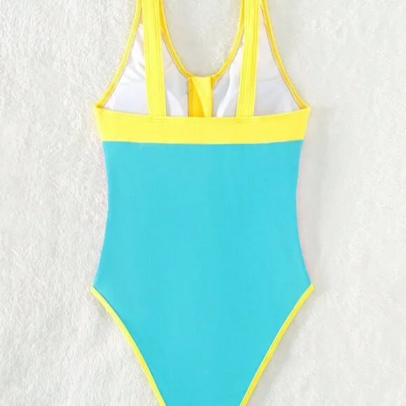 SHEIN One Piece Swimsuit Juniors Medium Blue Pink Yellow Colorblock Zip Front - Picture 6 of 6